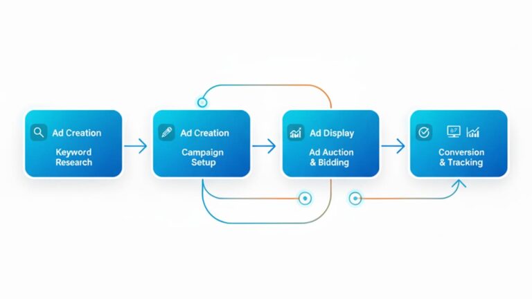 সার্চ ইঞ্জিন মার্কেটিং (SEM) প্রক্রিয়ার ফ্লোচার্ট — যেখানে ধাপে ধাপে দেখানো হয়েছে Keyword Research, Campaign Setup, Ad Auction & Bidding, এবং Conversion & Tracking প্রক্রিয়া।