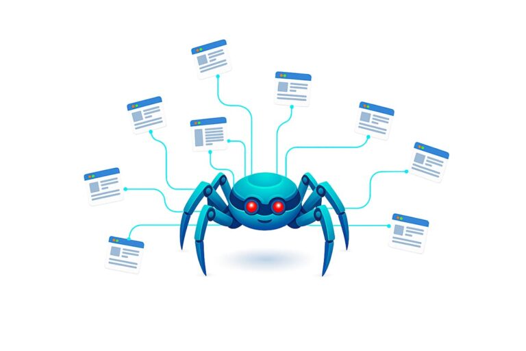 Illustration of a web crawling spider or search engine bot collecting and linking data from multiple web pages, representing the crawling process in search engine optimization (SEO).
