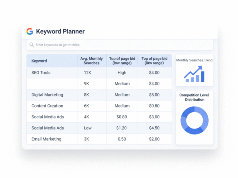 Google Keyword Planner dashboard flat-style illustration showing keyword data such as SEO Tools – 12K searches and Digital Marketing – 9K searches with search volume, competition, and CPC metrics in a soft blue and white UI design.