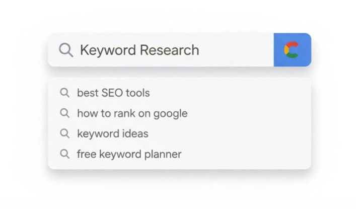 Google search bar showing keyword research suggestions such as best SEO tools, how to rank on Google, keyword ideas, and free keyword planner — visual concept for keyword research and SEO strategy.