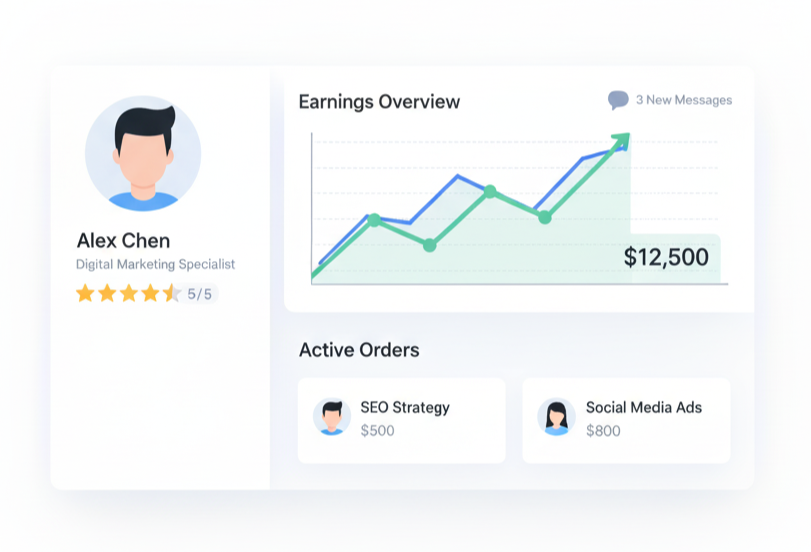 Flat-style illustration of Google Keyword Planner dashboard showing example keyword data like ‘SEO Tools – 12K searches’ and ‘Digital Marketing – 9K searches’ with search volume, competition, and CPC in a soft blue and white interface.