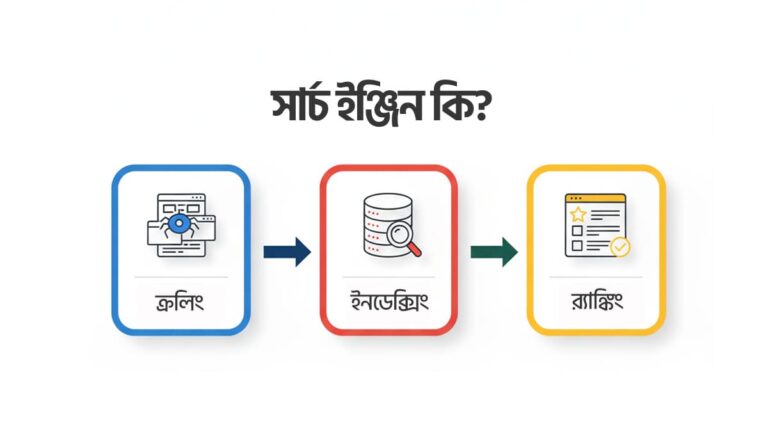 Diagram showing how a search engine works in Bangla — crawling, indexing, and ranking steps explained visually.