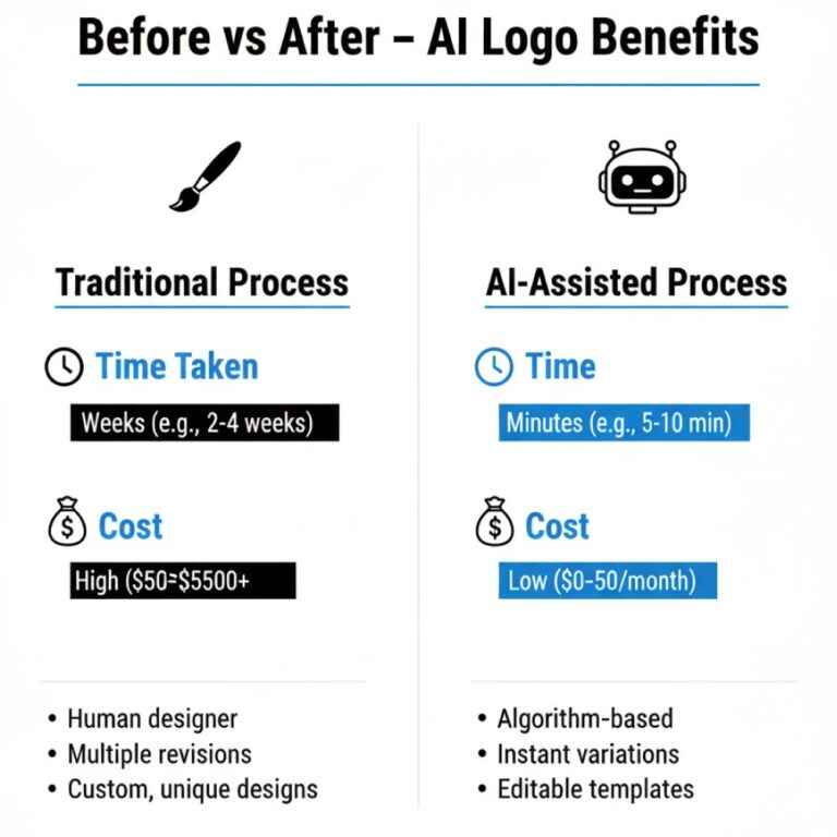 Comparison chart showing traditional logo design vs AI-assisted logo design. The traditional process takes weeks and costs more, created by human designers with multiple revisions. The AI-assisted process takes minutes, costs less, and uses algorithms, instant variations, and editable templates.