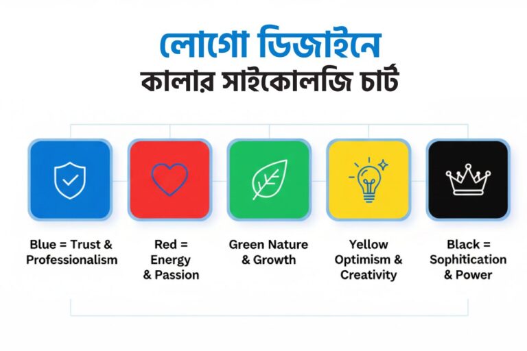 Infographic showing logo design color psychology chart in Bengali. Blue means trust and professionalism, red means energy and passion, green represents nature and growth, yellow shows optimism and creativity, and black symbolizes sophistication and power.