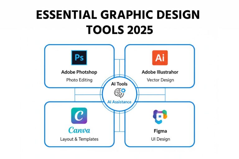 A diagram titled “ESSENTIAL GRAPHIC DESIGN TOOLS 2025” showing four design tools connected to a central circle labeled “AI Tools – AI Assistance” with a brain icon. The top-left box features the Adobe Photoshop logo with the text “Adobe Photoshop – Photo Editing.” The top-right box shows the Adobe Illustrator logo with the text “Adobe Illustrator – Vector Design.” The bottom-left box displays the Canva logo with the text “Canva – Layout & Templates.” The bottom-right box includes the Figma logo with the text “Figma – UI Design.” All four tools are visually linked to the central AI Tools node.
