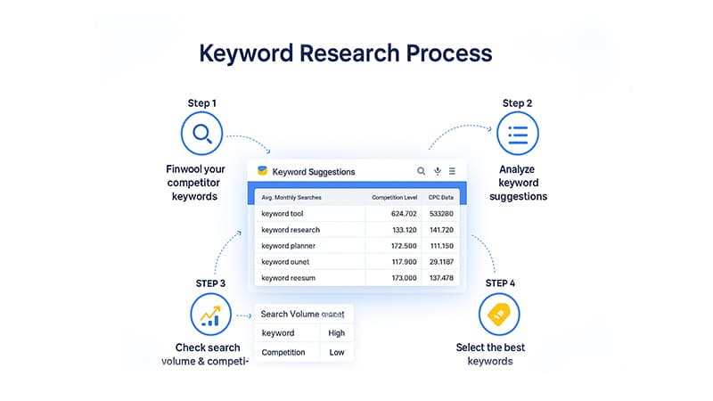 Infographic of the keyword research process showing four steps: finding competitor keywords, analyzing keyword suggestions, checking search volume and competition, and selecting the best keywords, with a sample keyword suggestion table in the center