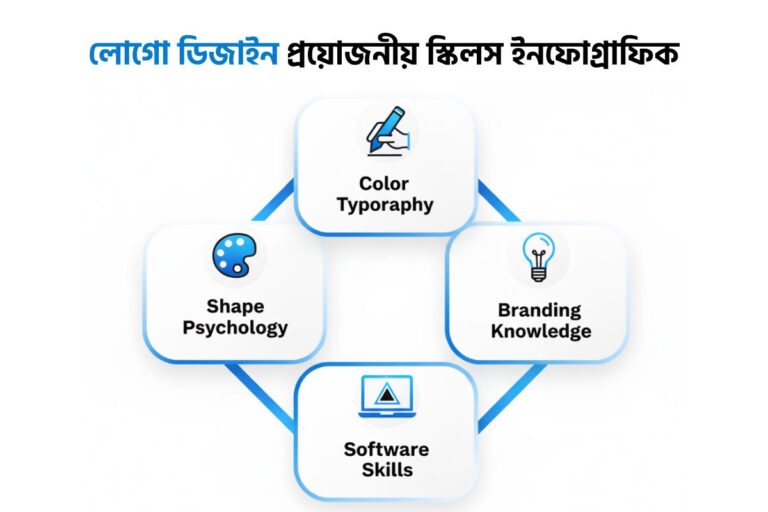Infographic showing essential logo design skills: Color & Typography, Shape Psychology, Branding Knowledge, and Software Skills — visualized in connected boxes with icons in blue and white theme. Bengali title reads ‘লোগো ডিজাইন প্রয়োজনীয় স্কিলস ইনফোগ্রাফিক’ meaning ‘Essential Logo Design Skills Infographic’.