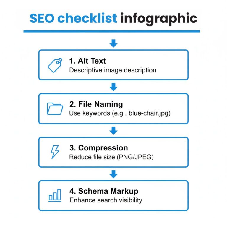 SEO optimization checklist for social media graphics, including tips on writing effective alt text, proper file naming conventions, and image compression techniques to improve website performance and search engine ranking.