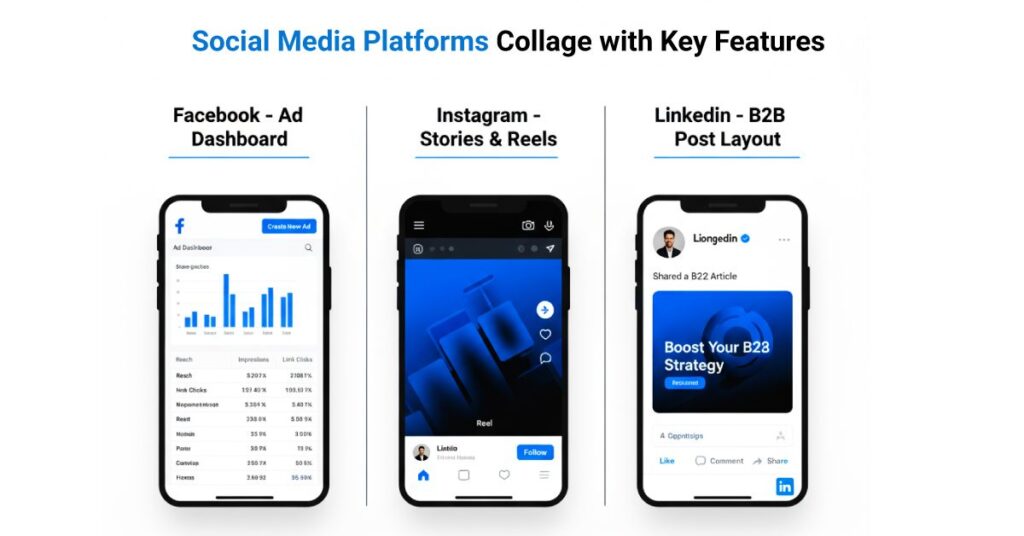 Social Media Platforms Collage with Key Features