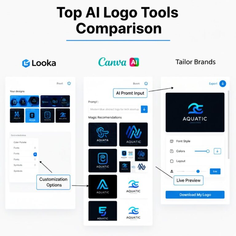 Top AI logo maker tools comparison screenshot showing side-by-side interfaces of Looka, Canva AI, and Tailor Brands.