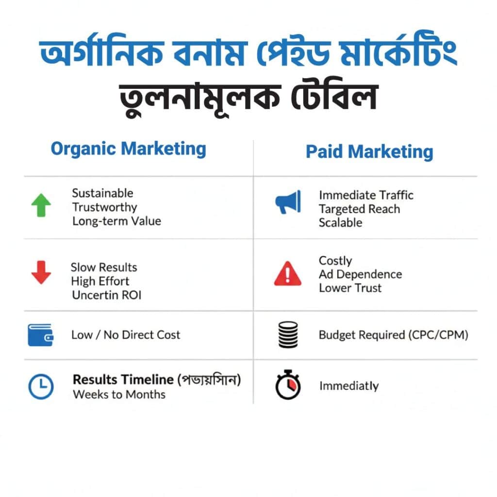 অর্গানিক বনাম পেইড মার্কেটিং তুলনামূলক টেবিল
