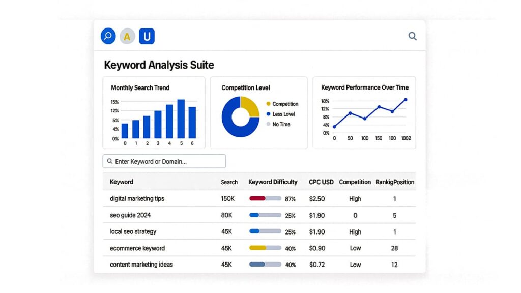 Illustrated dashboard titled ‘Keyword Analysis Suite’ showing monthly search trends, competition level pie chart, keyword performance over time, and a keyword table with metrics such as search volume, keyword difficulty, CPC, competition, and ranking positions.