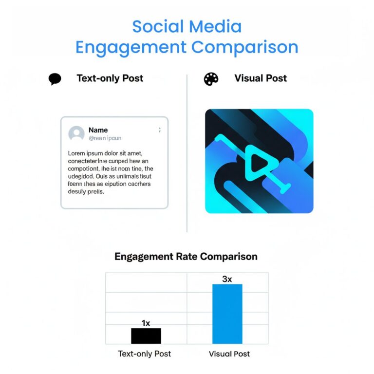 A social media engagement comparison infographic showing the difference between text-only posts and visual posts, with a bar chart indicating that visual posts generate 3x higher engagement.