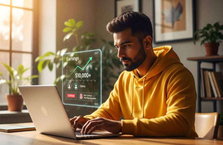 A man working on a laptop in a modern home office with a digital earnings dashboard showing over $10,000+, client stats, and growth indicators — representing online income and freelancing success.
