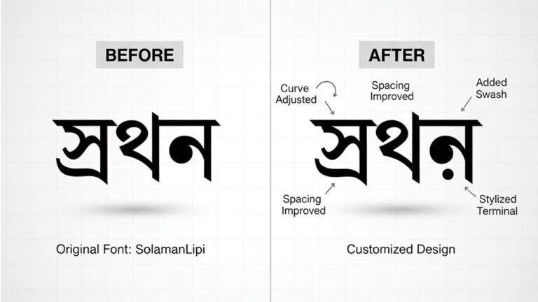 Before and after comparison of Bangla typography customization showing improved curves, spacing, swash additions, and stylized terminals.