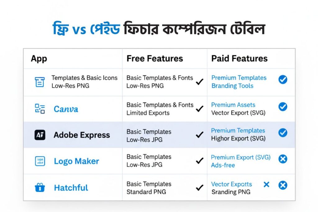 A comparison table showing free vs paid features of popular design apps including Canva, Adobe Express, Logo Maker, and Hatchful. The table highlights which apps offer basic templates, low-resolution exports in free versions, and premium templates, branding tools, vector (SVG) export, and additional assets in paid versions.