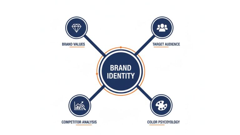 Brand identity infographic showing four key elements: brand values, target audience, competitor analysis, and color psychology.