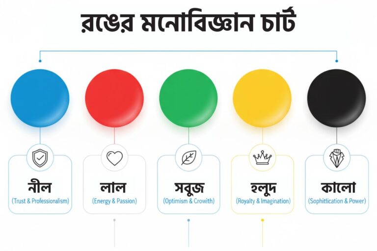 A color psychology chart with five large colored circles arranged horizontally: blue, red, green, yellow, and black. Below each circle is a small icon and Bengali text explaining the emotion or meaning of the color. Blue represents trust and professionalism with a shield icon; red represents energy and passion with a heart icon; green represents optimism and growth with a leaf icon; yellow represents royalty and imagination with a crown icon; black represents sophistication and power with a suit icon. The title in Bengali at the top reads “রঙের মনোবিজ্ঞান চার্ট” (Color Psychology Chart).