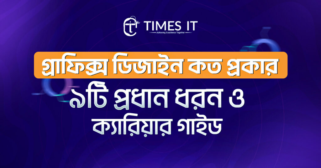 Times IT graphic on types of graphic design, featuring Bangla headline highlighting 9 major design fields and career guidance, with a purple digital background and modern design elements.