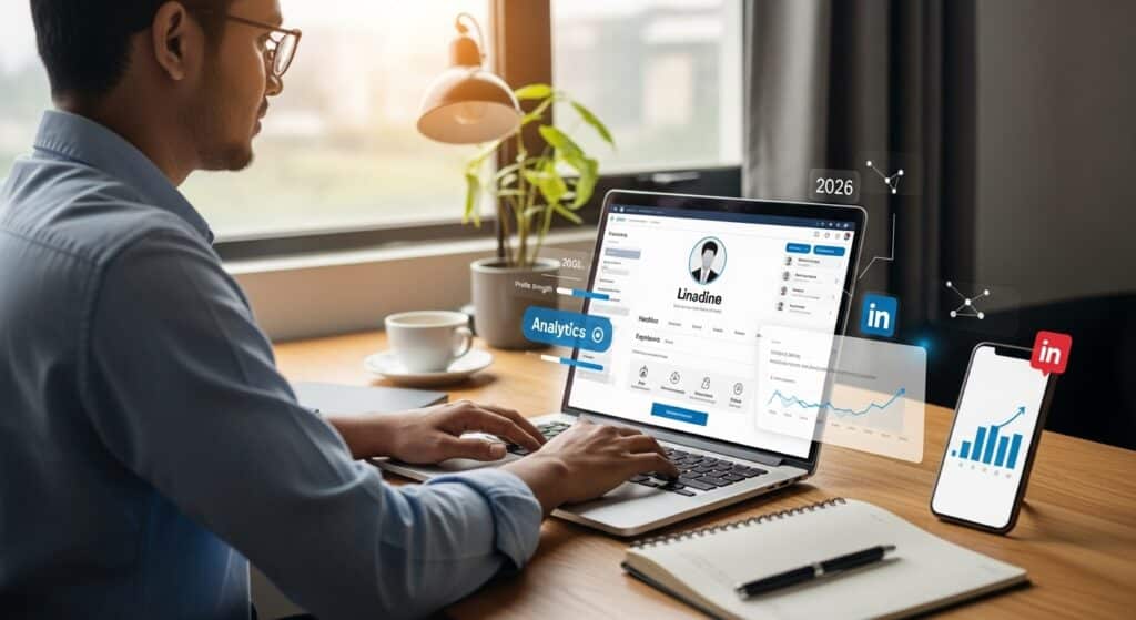একজন প্রফেশনাল ল্যাপটপে ২০২৬ সালের আধুনিক ইন্টারফেস ব্যবহার করে শিখছেন কিভাবে একটি লিংকডইন প্রোফাইল তৈরি করবেন, যেখানে প্রোফাইল অপ্টিমাইজেশন এবং অ্যানালিটিক্স ড্যাশবোর্ড দেখা যাচ্ছে।