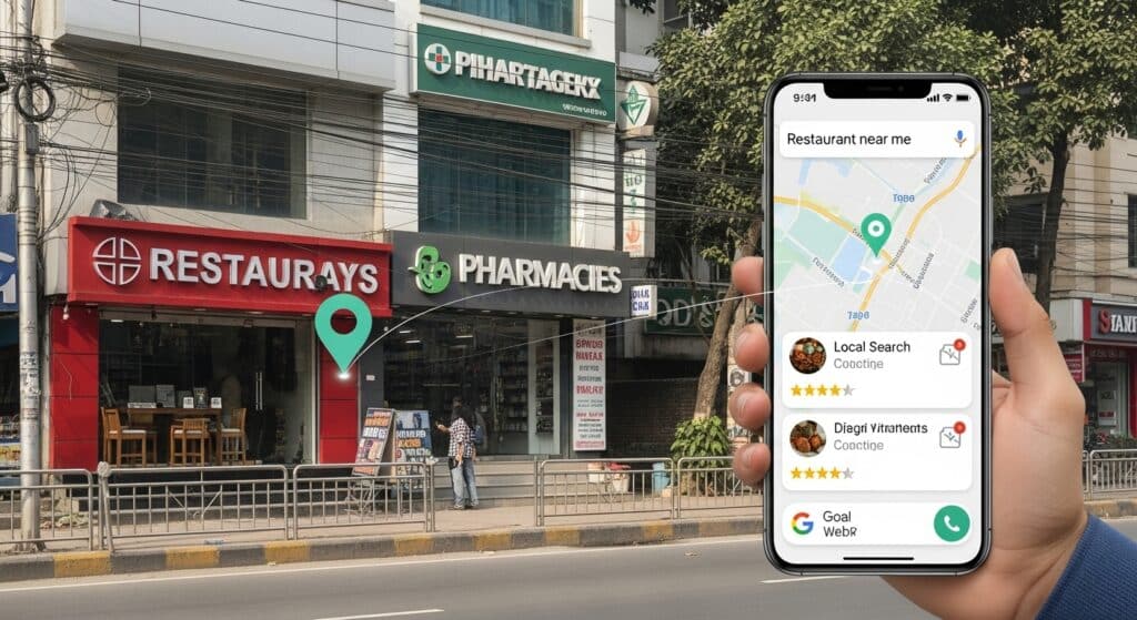একটি স্মার্টফোনে 'Restaurant near me' সার্চ রেজাল্ট এবং গুগল ম্যাপ লোকেশন পিন দেখা যাচ্ছে যা লোকাল এসইও কেন করবেন তার প্রয়োজনীয়তা তুলে ধরে।