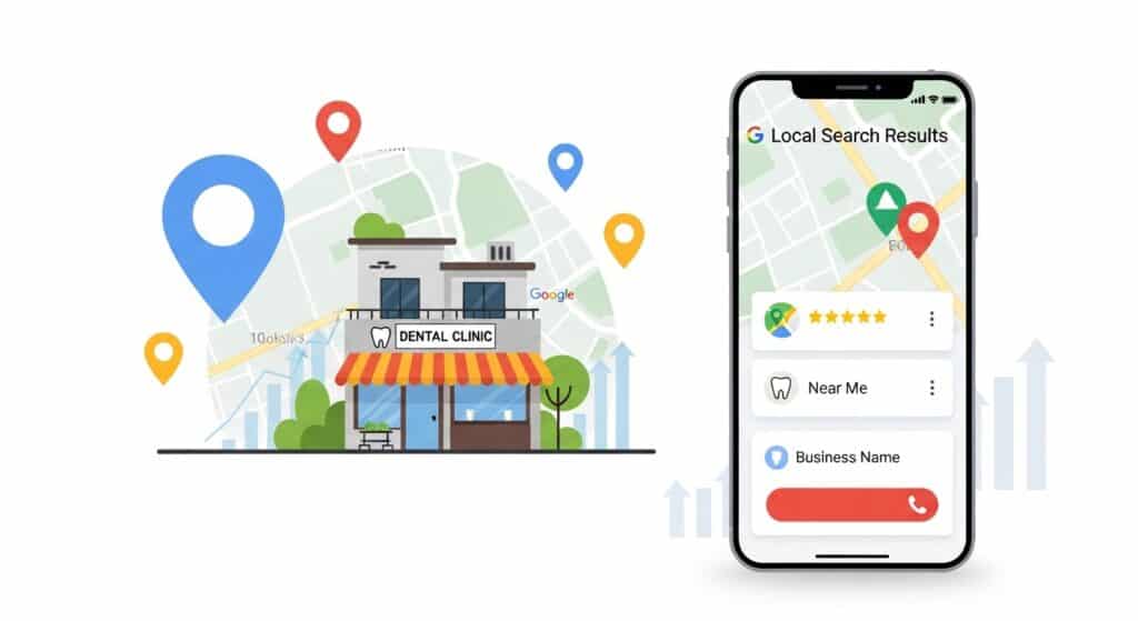 একটি মোবাইল ফোন স্ক্রিনে গুগল ম্যাপ এবং লোকাল সার্চ রেজাল্ট দেখা যাচ্ছে যা লোকাল এসইও কেন বিজনেসের জন্য এত গুরুত্বপূর্ণ তার গুরুত্ব তুলে ধরে।একটি মোবাইল ফোন স্ক্রিনে গুগল ম্যাপ এবং লোকাল সার্চ রেজাল্ট দেখা যাচ্ছে যা লোকাল এসইও কেন বিজনেসের জন্য এত গুরুত্বপূর্ণ তার গুরুত্ব তুলে ধরে।