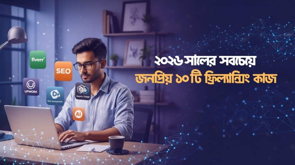 একজন দক্ষ ফ্রিল্যান্সার তার আধুনিক হোম অফিসে বসে ল্যাপটপে কাজ করছেন, যার পাশে ফাইভভার (Fiverr), আপওয়ার্ক (Upwork) এবং এসইও (SEO) এর মতো প্ল্যাটফর্মের আইকনগুলো ভাসছে, যা মূলত সবচেয়ে জনপ্রিয় ফ্রিল্যান্সিং কাজ এর একটি বাস্তব চিত্র তুলে ধরে।
