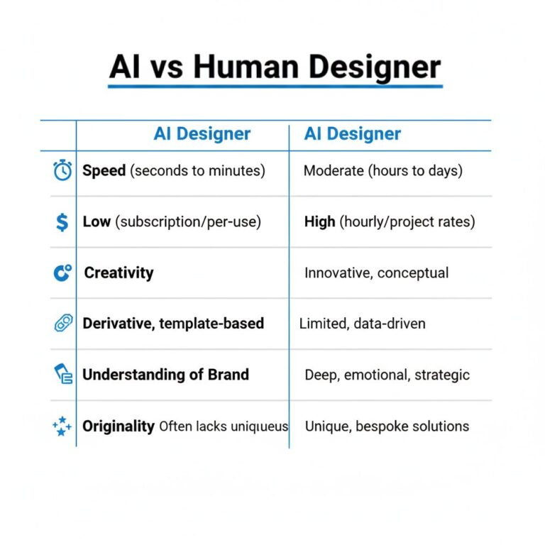 AI vs Human Designer comparison table showing differences in speed, cost, creativity, originality, and brand understanding. AI designers are fast, low-cost, and template-based, while human designers are slower, higher-cost, more creative, strategic, and deliver unique custom solutions.