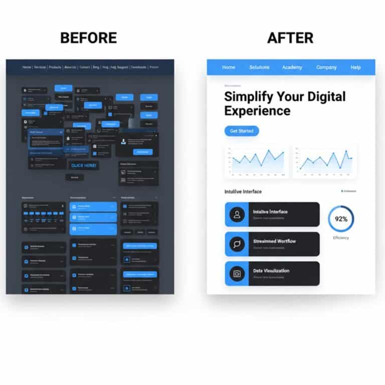 Before and After UI/UX design comparison showing a poorly structured interface on the left and an improved, clean, user-friendly interface on the right, highlighting better layout, typography, spacing, and usability enhancements.