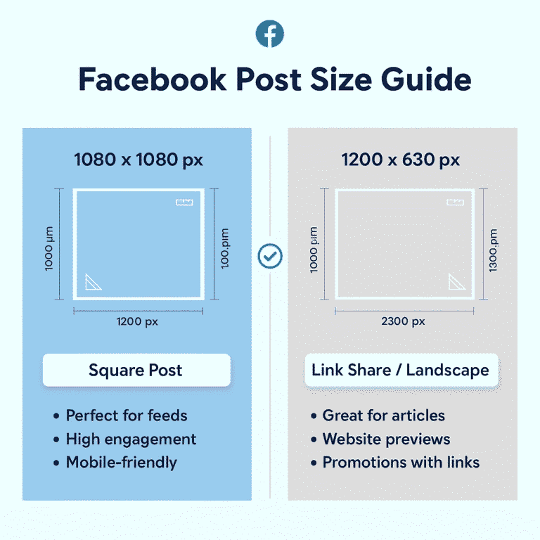 Facebook Post Size Guide infographic showing recommended dimensions for square posts (1080x1080 px) and link share or landscape posts (1200x630 px), with notes on engagement, mobile-friendliness, and article previews.