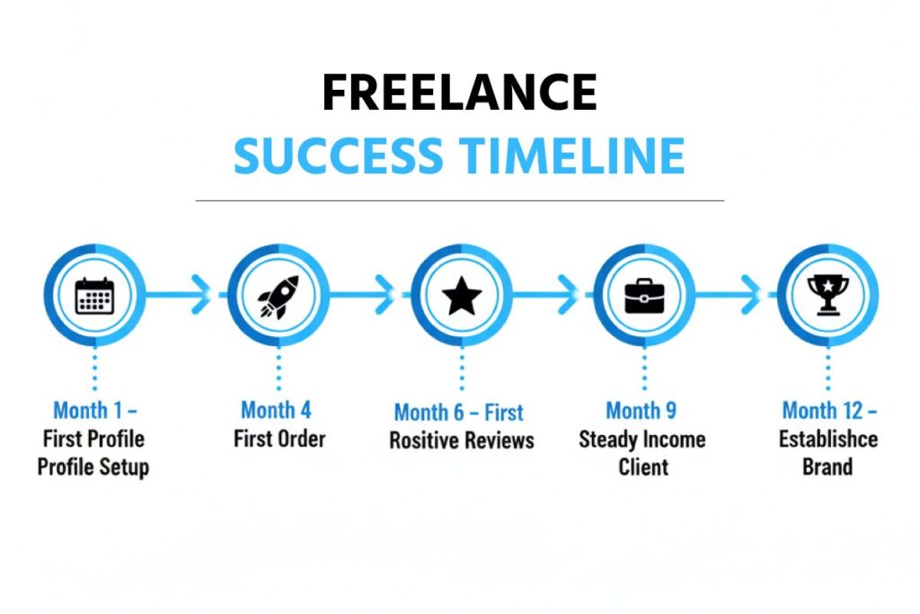 A graphic titled “FREELANCE SUCCESS TIMELINE” showing a horizontal timeline with five blue circular icons connected by arrows. Below each icon is a month label and milestone: Month 1 shows a calendar icon with the text “First Profile – Profile Setup”; Month 4 shows a rocket icon labeled “First Order”; Month 6 shows a star icon labeled “First Positive Reviews” (misspelled as ‘Rositive Reviews’ in the image); Month 9 shows a briefcase icon labeled “Steady Income – Client”; and Month 12 shows a trophy icon labeled “Establish Brand” (misspelled as ‘Establishce Brand’ in the image).