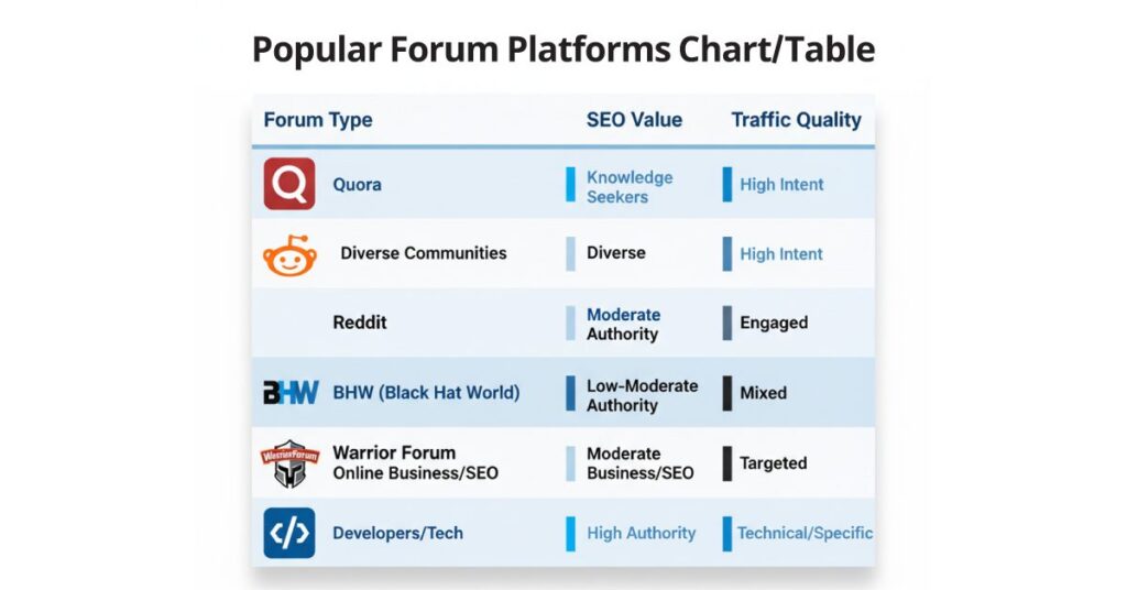 Popular Forum Platforms Chart Table Color coded