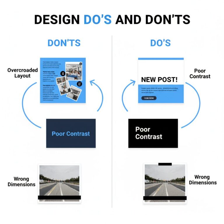 Common social media design mistakes and how to fix them, shown with before-and-after examples. Includes issues like poor color contrast, inconsistent fonts, cluttered layouts, low-quality images, and unclear messaging, along with professional solutions for each mistake.