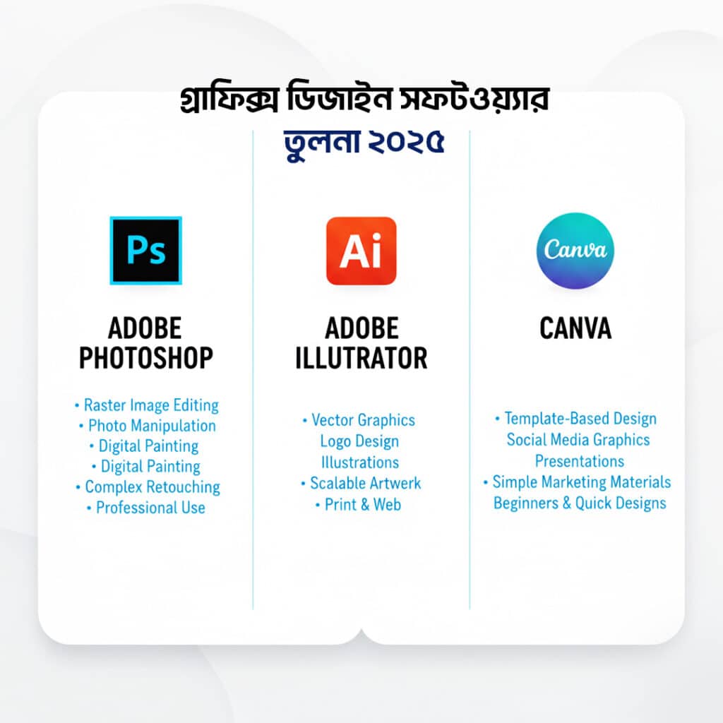 Comparison infographic showing three graphic design software options for 2025. Adobe Photoshop with features like raster editing, photo manipulation, digital painting, and professional retouching; Adobe Illustrator with vector graphics, logo design, scalable artwork, and print/web use; and Canva with template-based design, social media graphics, presentations, and beginner-friendly tools.