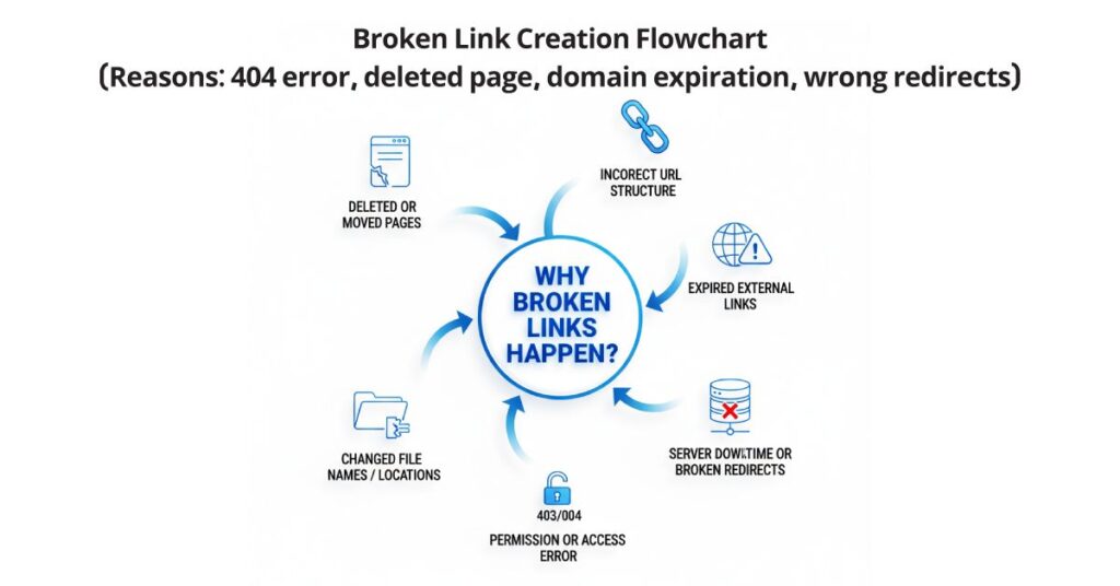 একটি flowchart যেখানে broken link তৈরি হওয়ার বিভিন্ন কারণ visual representation দিয়ে দেখানো হবে