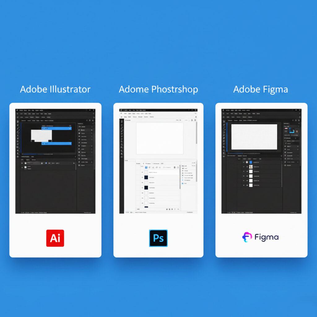 Three design software interface screenshots displayed side-by-side: Adobe Illustrator, Adobe Photoshop, and Figma. Each panel shows the workspace layout and tools of the respective design application against a blue background.