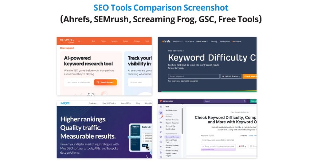 বিভিন্ন SEO tools এর dashboard screenshots