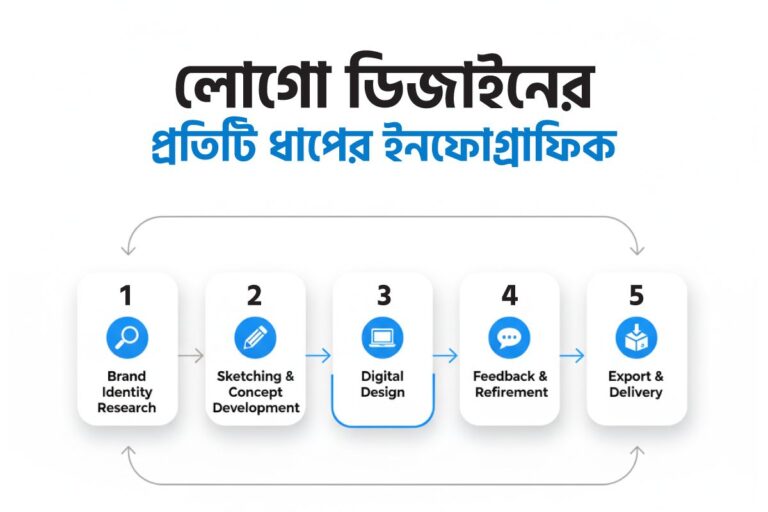 Infographic showing the five steps of the logo design process: Brand Identity Research, Sketching and Concept Development, Digital Design, Feedback and Refinement, and Export and Delivery, displayed in sequential boxes with icons.