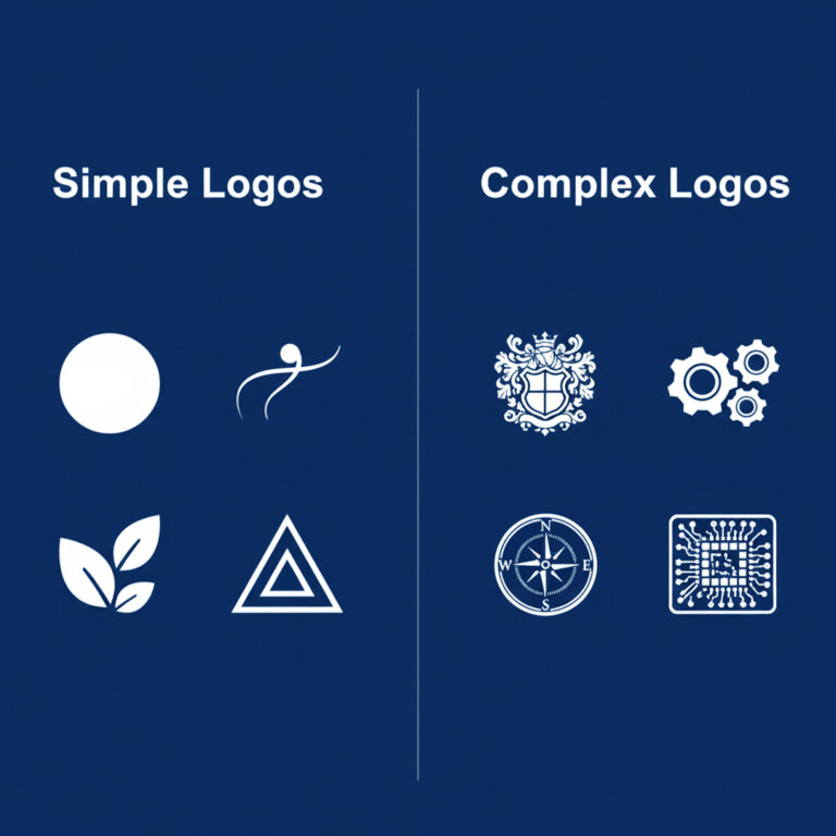 Simple vs Complex Logos comparison – left side features minimal circle, leaf, abstract and geometric triangle icons; right side shows detailed crest, gear mechanism, compass, and circuit-style complex logo designs on a blue background.