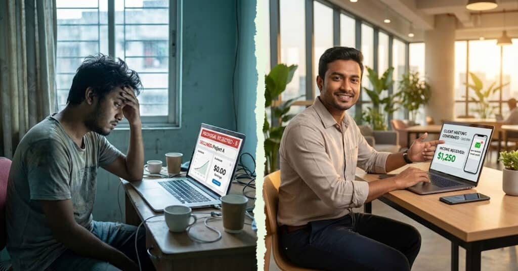 Frustrated freelancer শূন্য income সহ বনাম successful freelancer market-relevant skills থেকে আয় করছেন - সঠিক skill selection-ই পার্থক্য তৈরি করে
