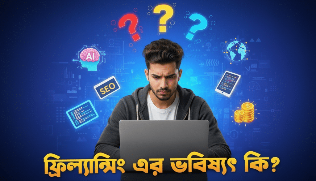 একজন তরুণ ফ্রিল্যান্সার ল্যাপটপে কাজ করছেন যার চারপাশে এআই (AI), এসইও (SEO) এবং গ্লোবাল কানেক্টিভিটির ডিজিটাল আইকন রয়েছে, যা ফ্রিল্যান্সিং এর ভবিষ্যৎ কি তার একটি আধুনিক প্রতিফলন।